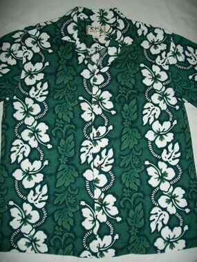 Ky's Mens Hibiscus Flowers Leis Green Teal Hawaiian Shirt Size Large
